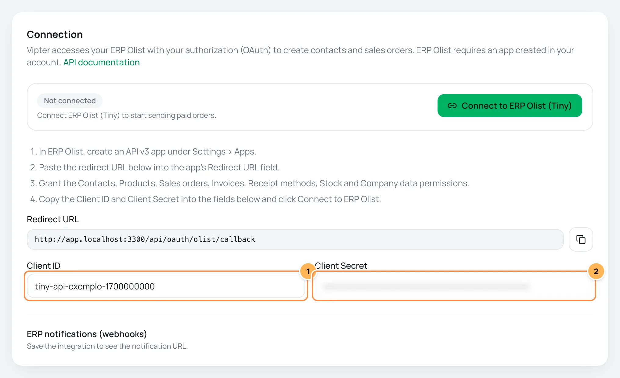 ERP Olist Connection card in Vipter with the app steps, the redirect URL and the Client ID and Client Secret fields numbered