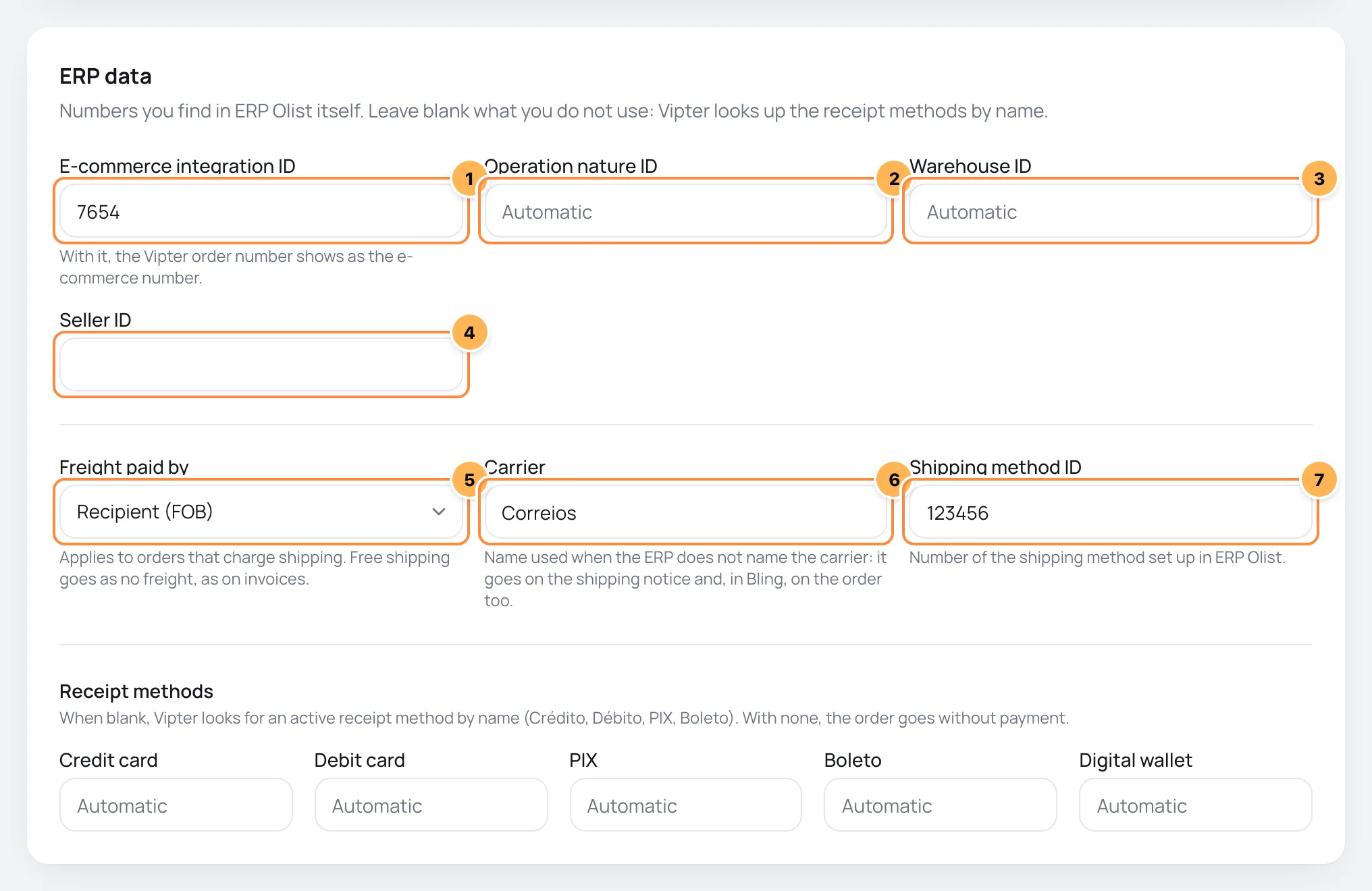 ERP Olist ERP data card with the e-commerce integration, operation nature, warehouse and seller IDs, and the shipping fields numbered
