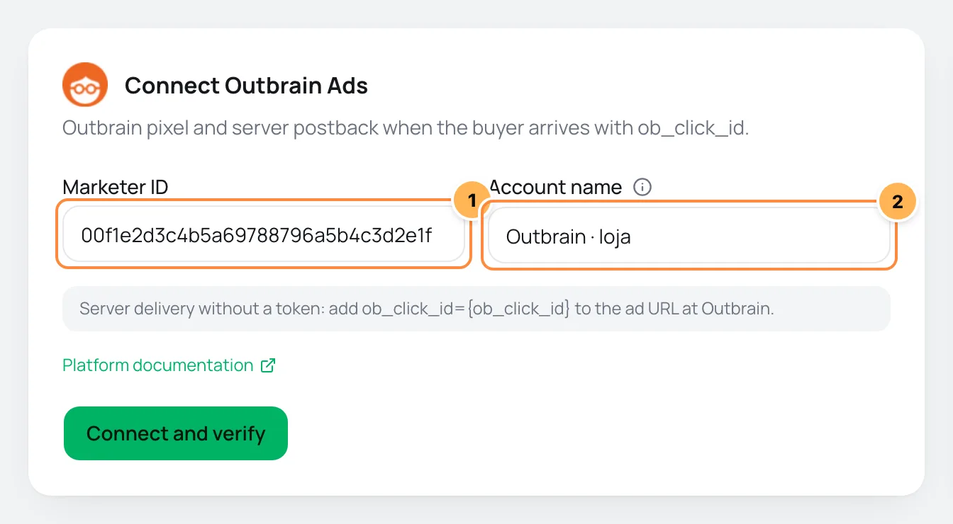 Connect Outbrain Ads form with Marketer ID and account name numbered and the notice about the ob_click_id parameter