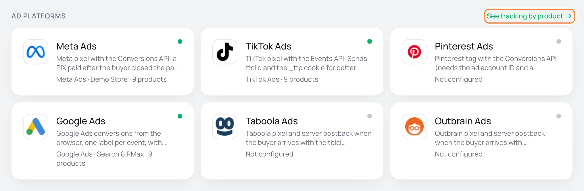 Ad platforms section of the Integrations page, with the Meta, TikTok, Pinterest, Google Ads, Taboola and Outbrain cards and the See tracking by product link highlighted
