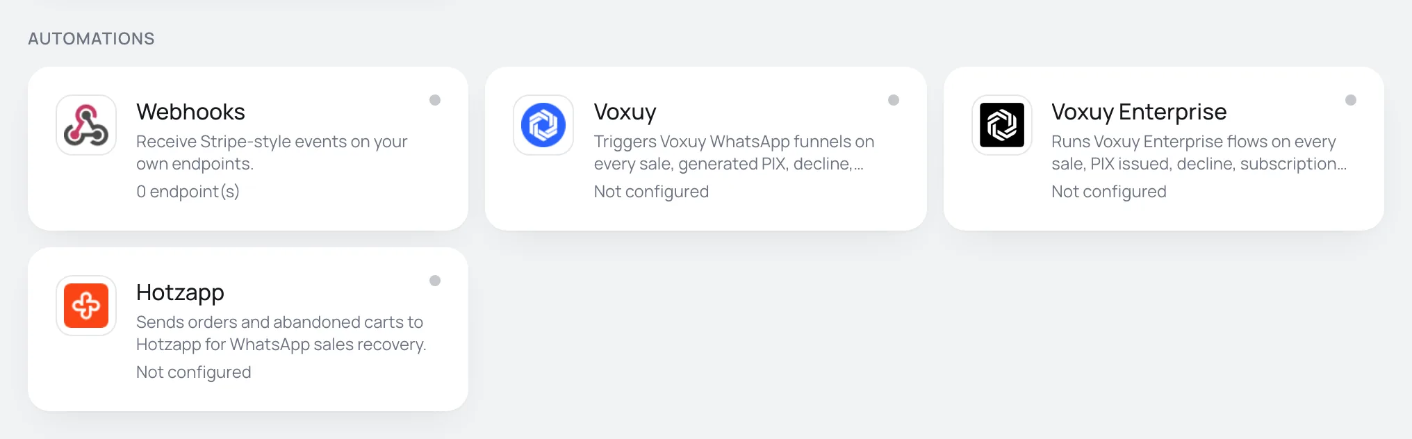 Automations section of the Integrations page, with the Webhooks, Voxuy, Voxuy Enterprise and Hotzapp cards