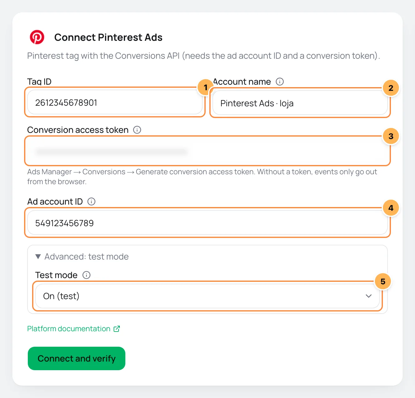 Connect Pinterest Ads form with Tag ID, account name, conversion token, ad account ID and test mode numbered