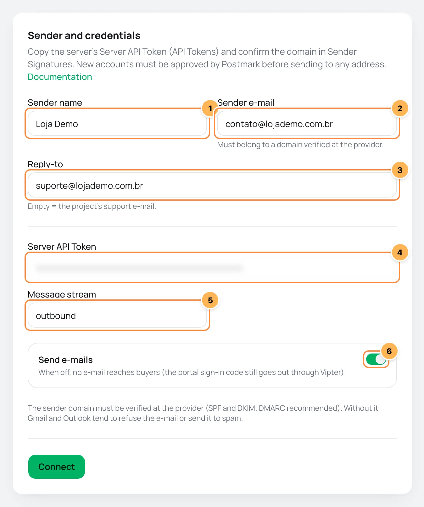 Postmark form in Vipter with sender, Server API Token and message stream numbered