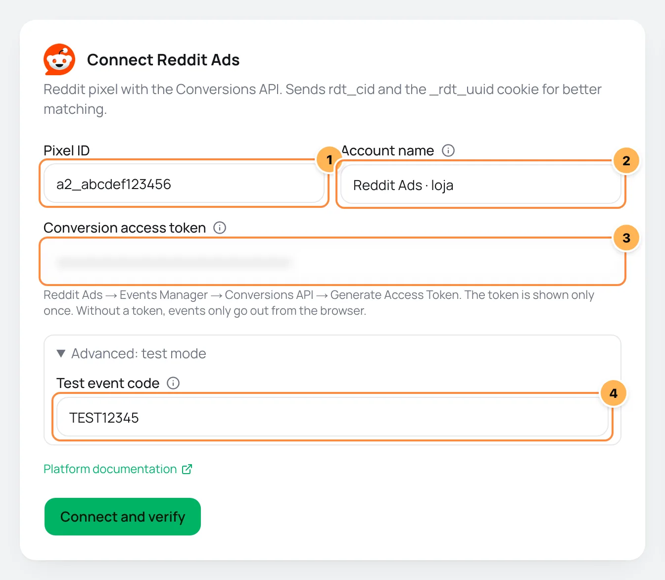 Connect Reddit Ads form with Pixel ID, account name, conversion access token and test code numbered