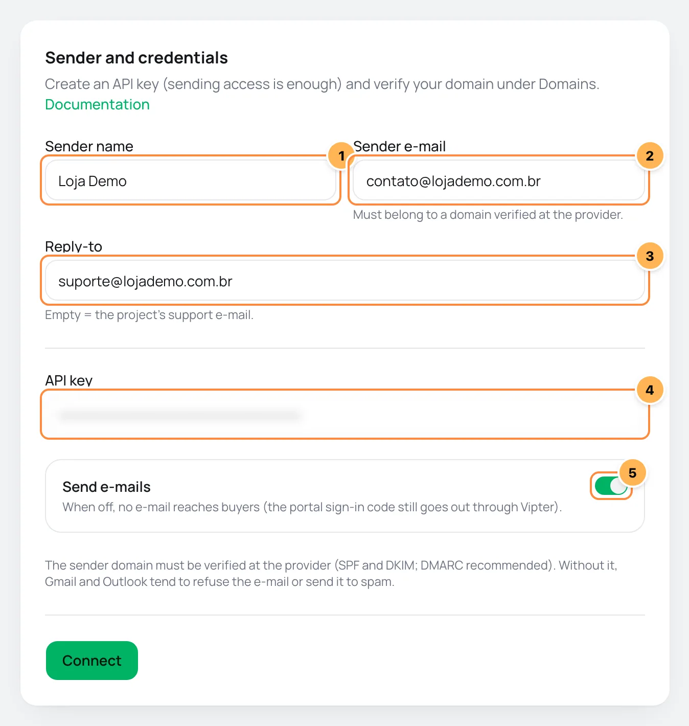Resend form in Vipter with sender and API key numbered