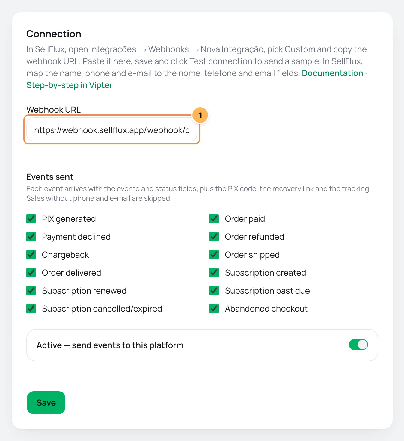 SellFlux Connection card in Vipter with the webhook URL field numbered and the list of events