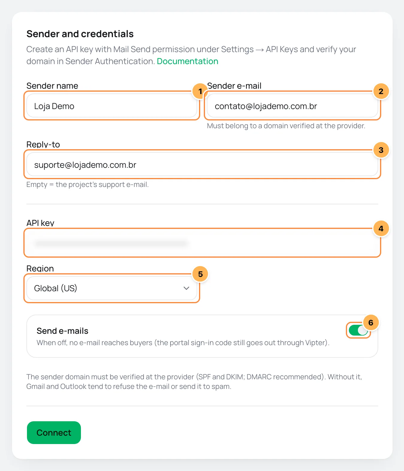 SendGrid form in Vipter with sender, API key and region numbered