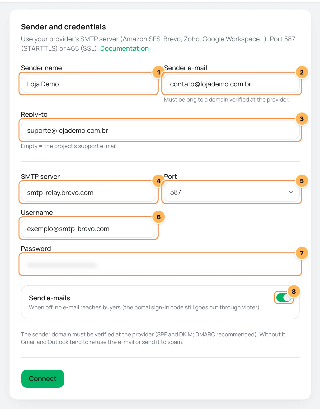 SMTP form in Vipter with sender, server, port, username and password numbered