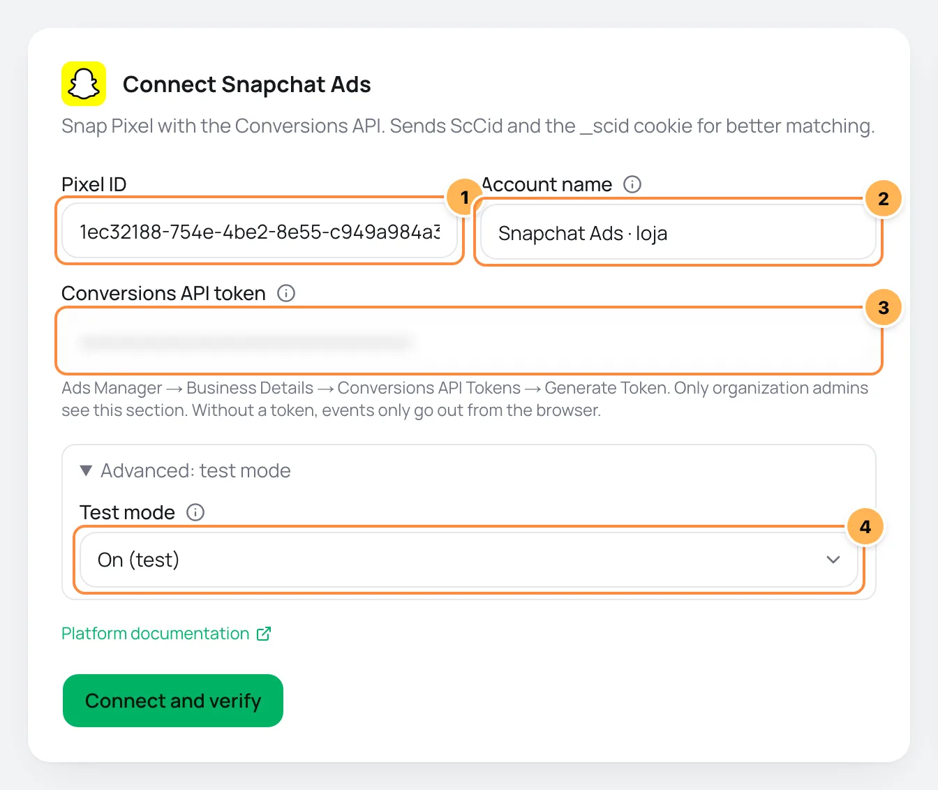 Connect Snapchat Ads form with Pixel ID, account name, Conversions API token and test mode numbered