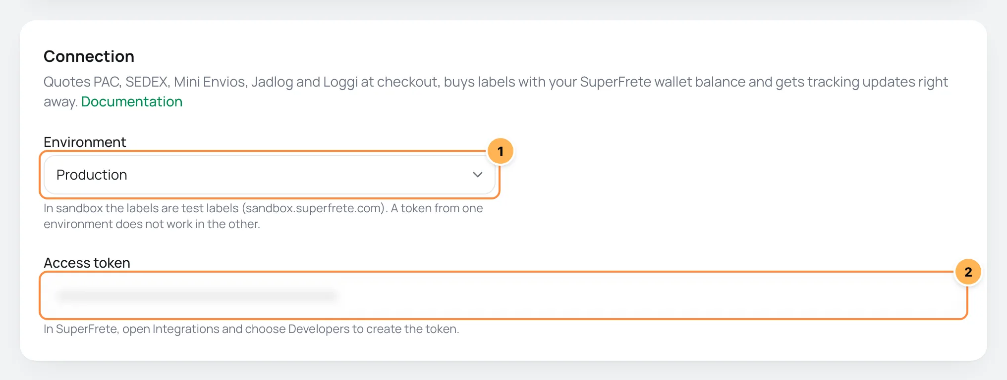 SuperFrete Connection card in Vipter with the environment and the token numbered