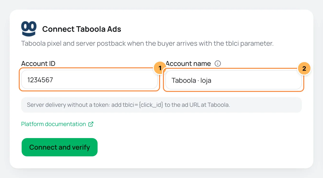 Connect Taboola Ads form with Account ID and account name numbered and the notice about the tblci parameter