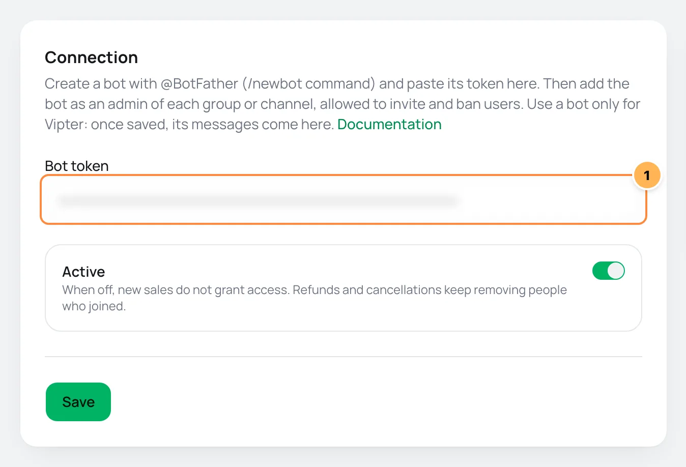 Telegram Connection card in Vipter with the bot token numbered