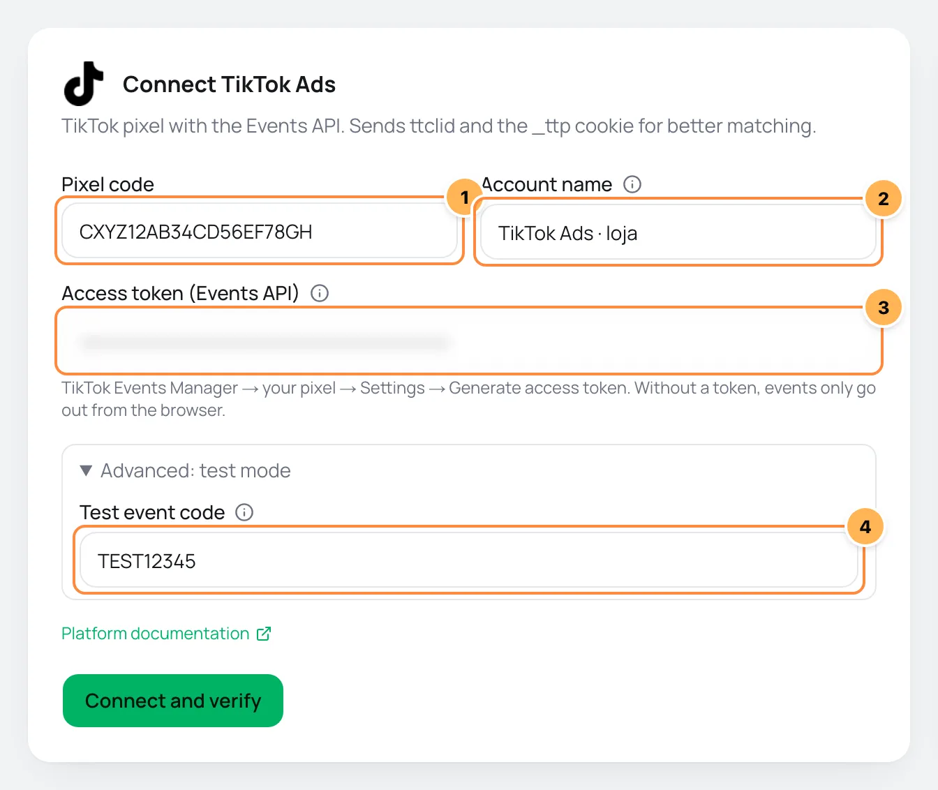 Connect TikTok Ads form with Pixel code, account name, access token and test code numbered