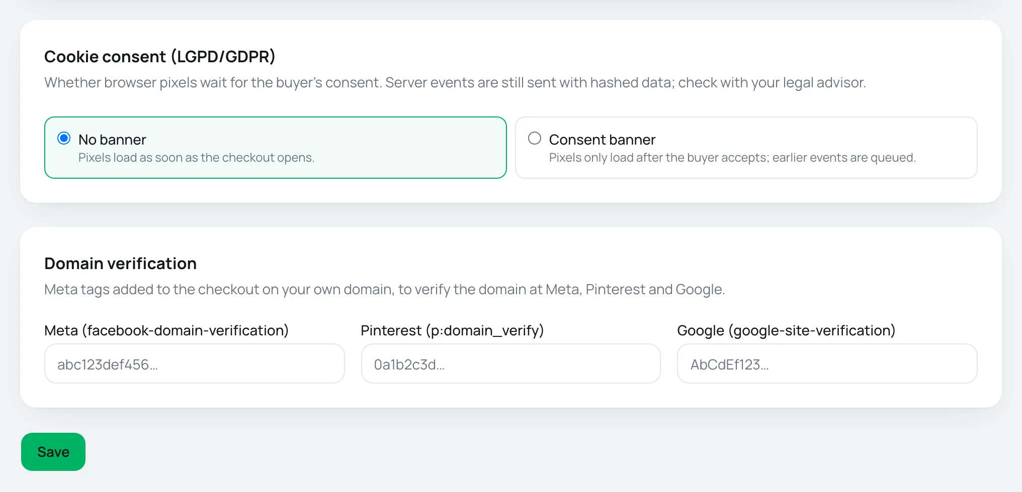 Cookie consent options and domain verification fields for Meta, Pinterest and Google