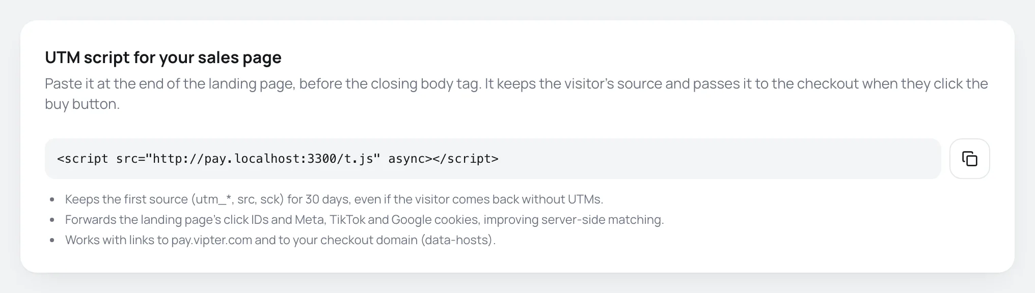 UTM script card with the code to copy
