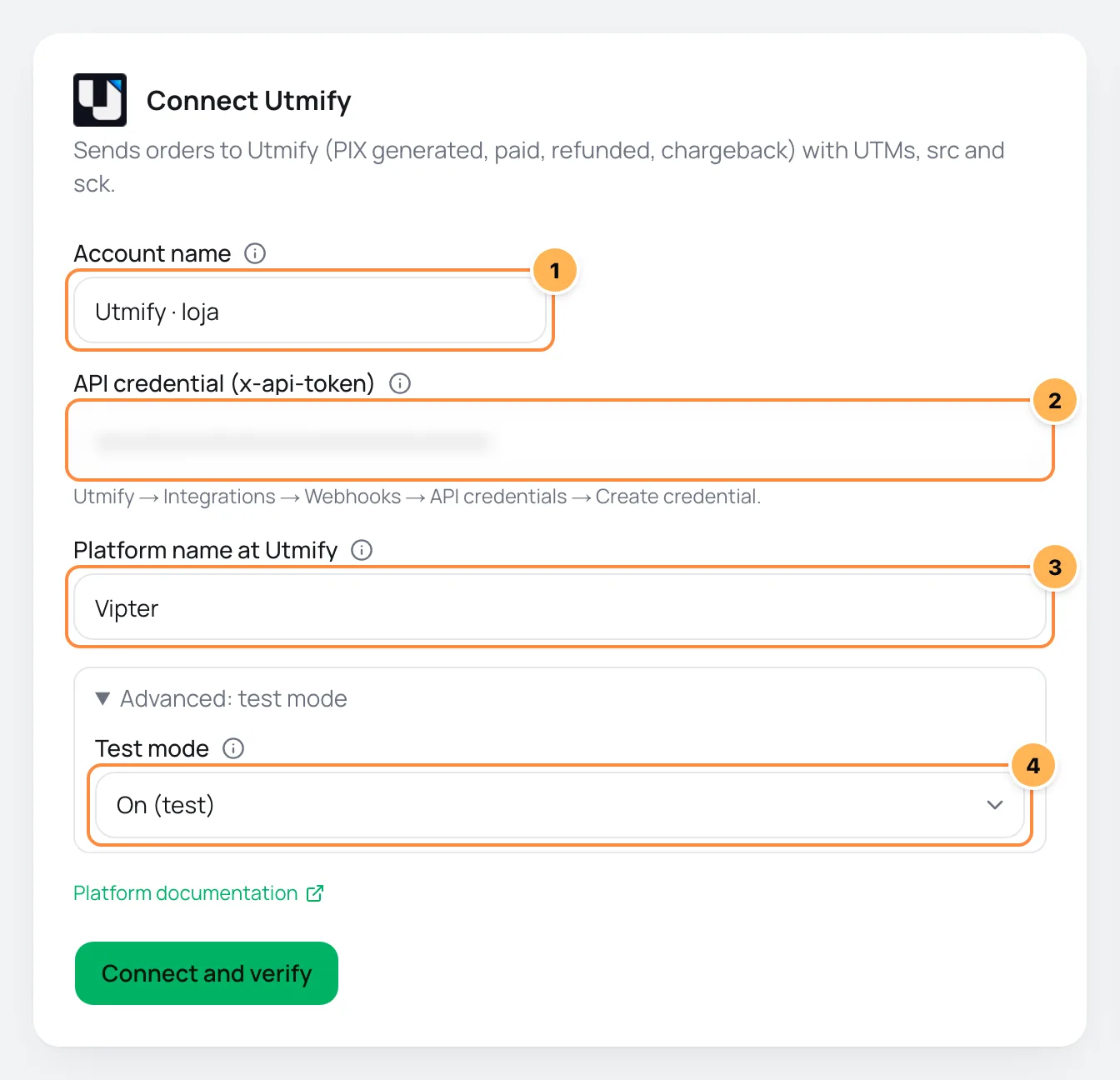 Connect Utmify form with account name, API credential, platform name and test mode numbered