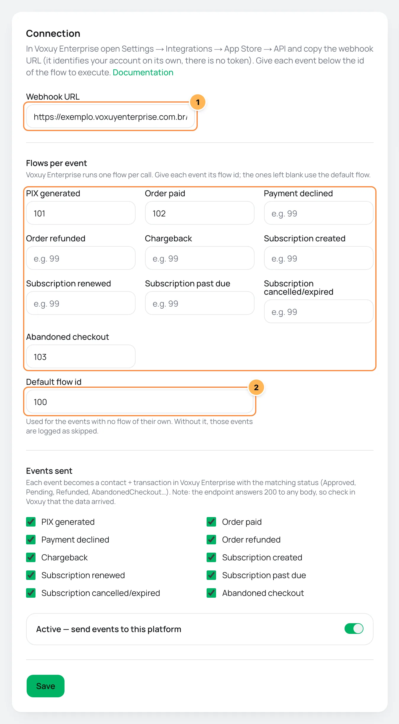 Voxuy Enterprise Connection card in Vipter with the webhook URL, the flows per event highlighted and the default flow ID