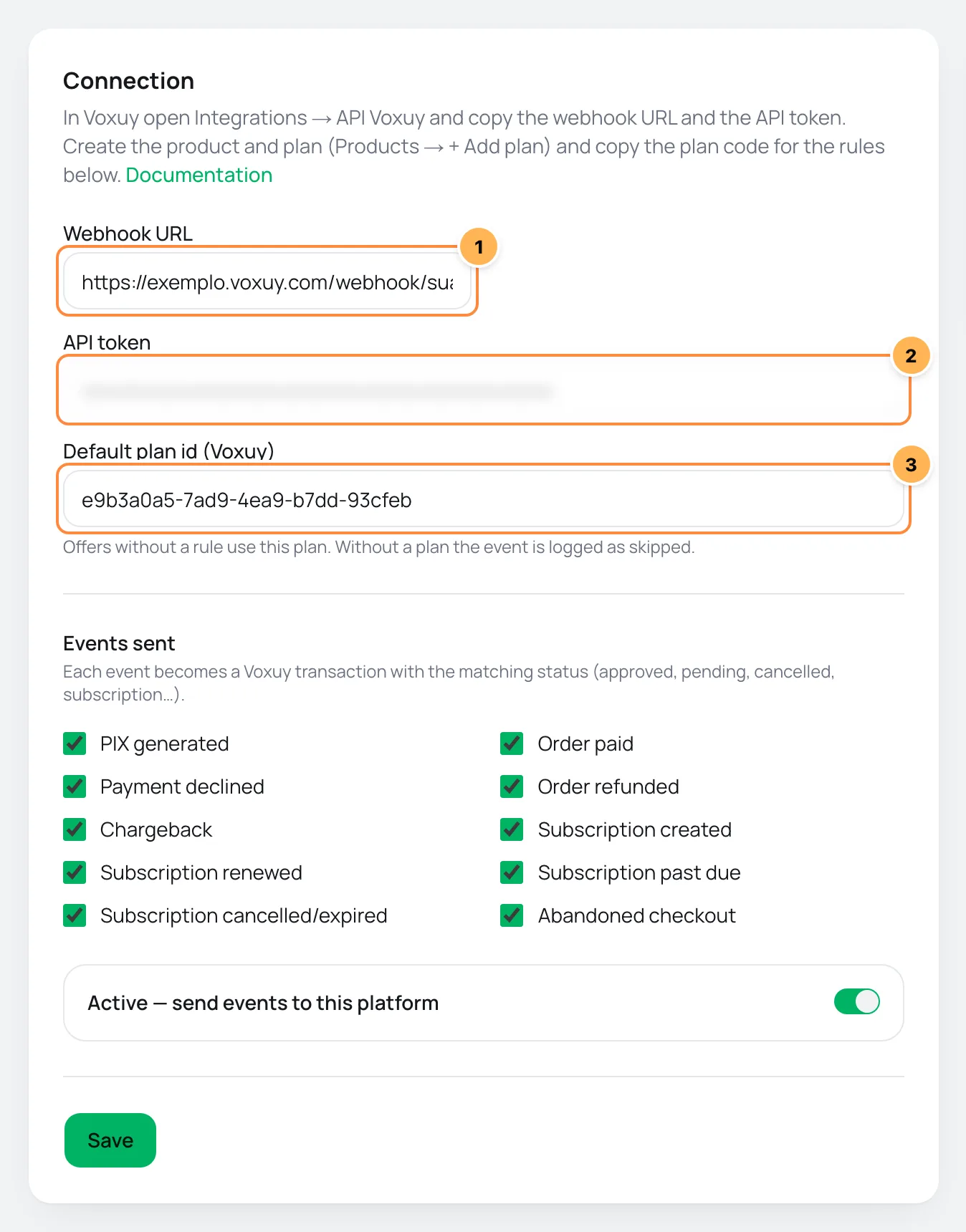 Voxuy Connection card in Vipter with the webhook URL, API token and default plan ID numbered