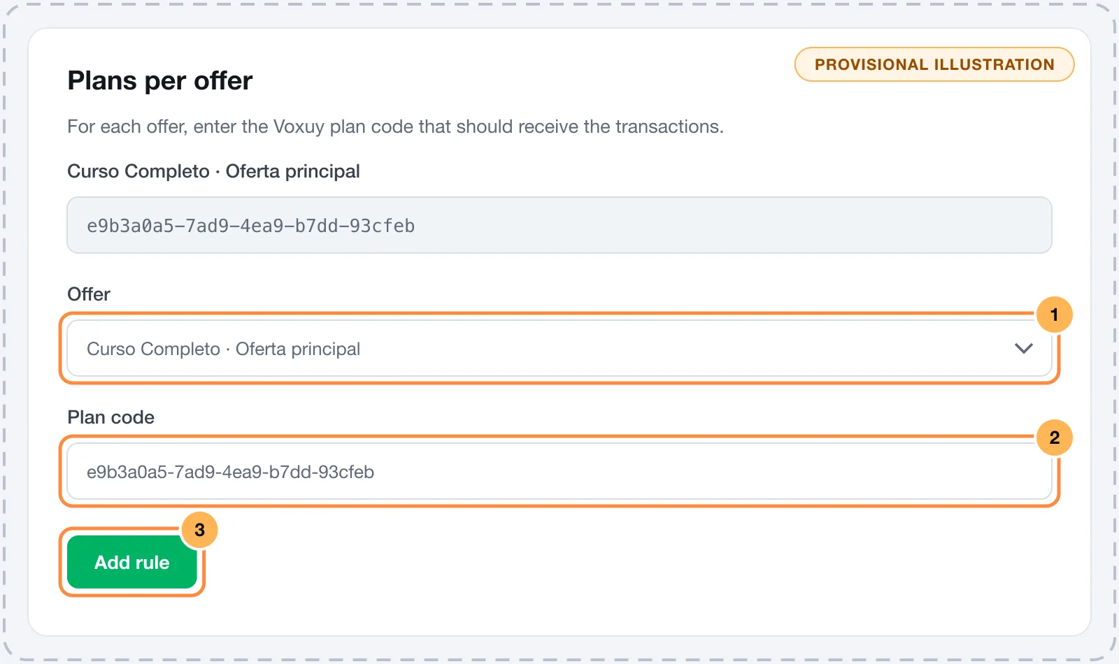 Voxuy plans per offer in Vipter, with one rule created, the offer selector and the plan code