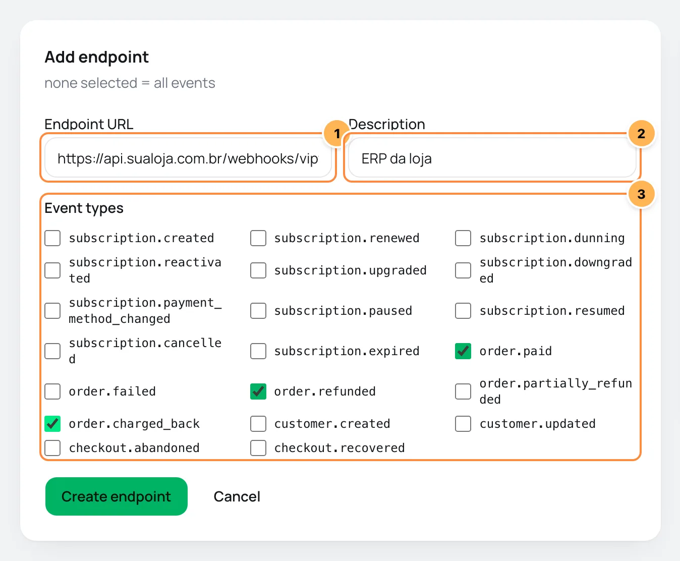 Add endpoint form with URL, description and the list of event types numbered