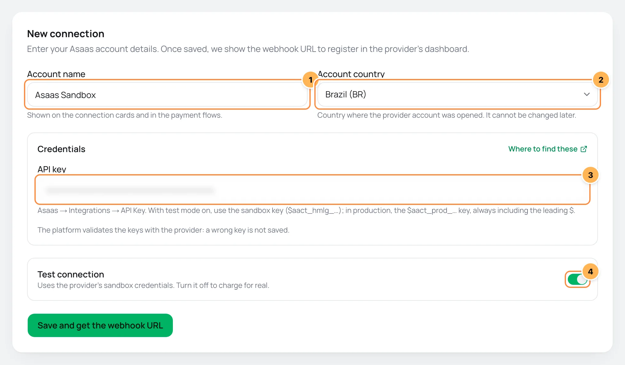 New Asaas connection form in Vipter with numbered fields