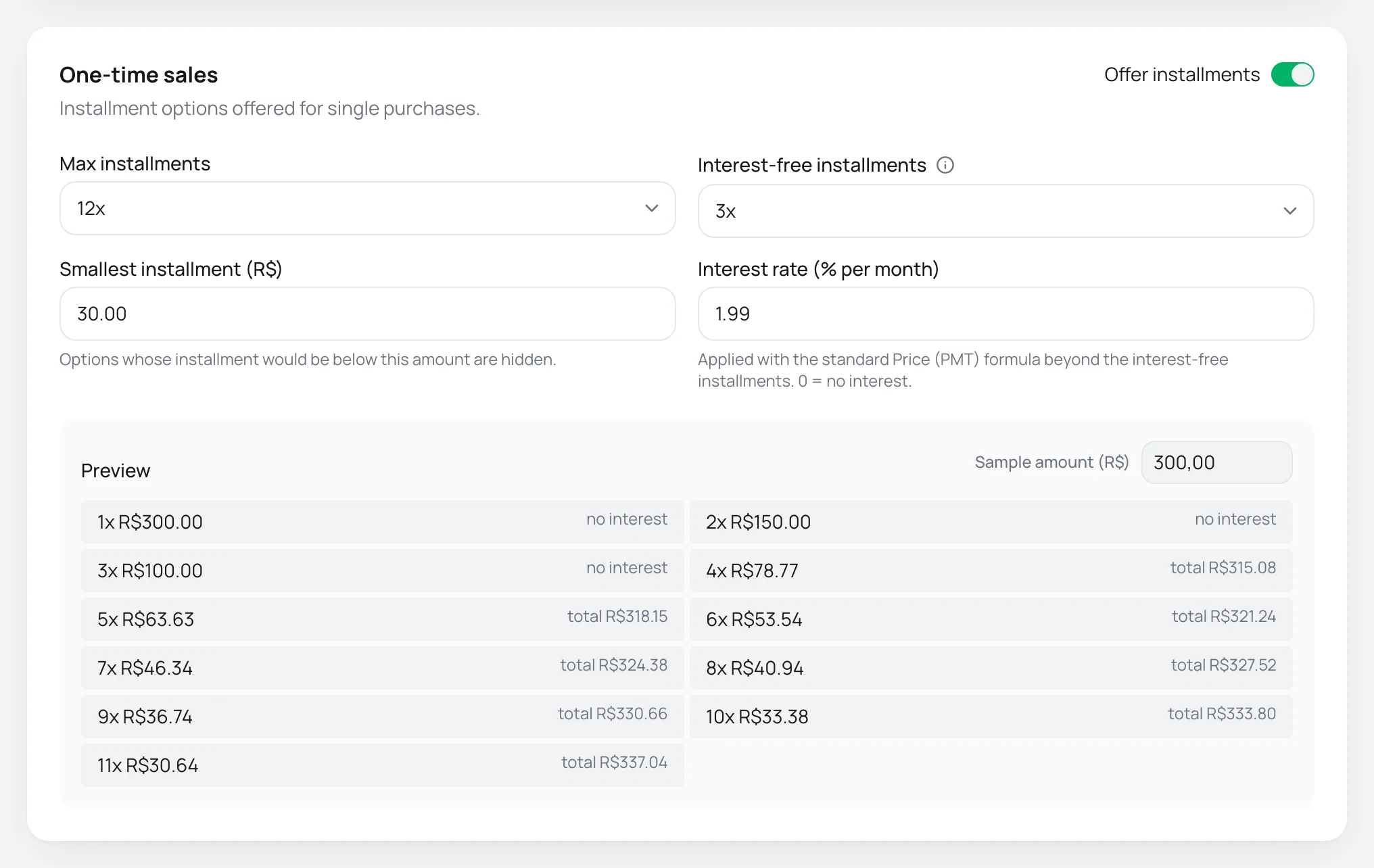 One-time sales card with a maximum of 12 installments, 3 interest-free, a minimum installment of R$ 30 and interest of 1.99% per month, plus the installment preview
