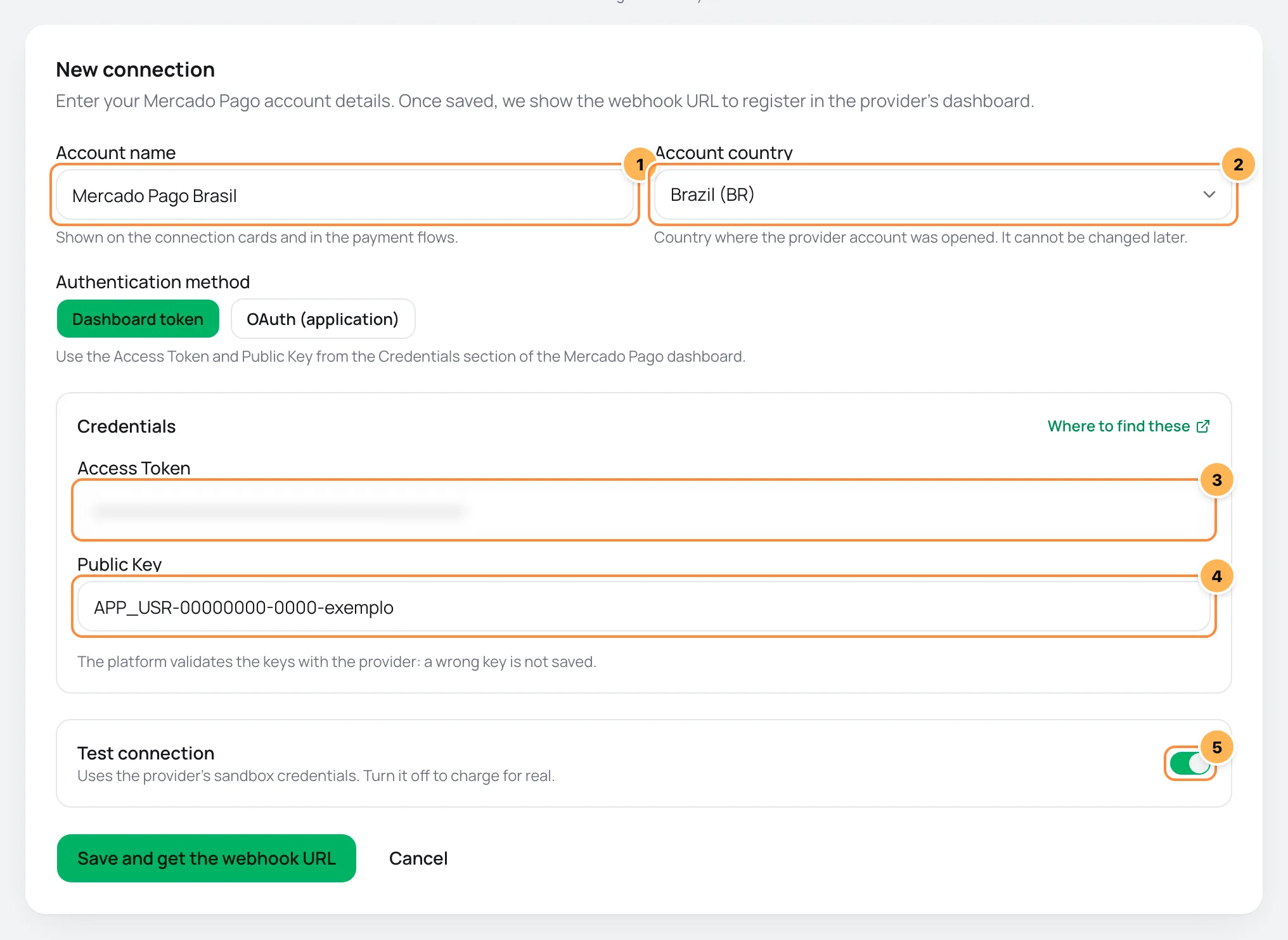 New Mercado Pago connection form in Vipter using the dashboard token, with numbered fields