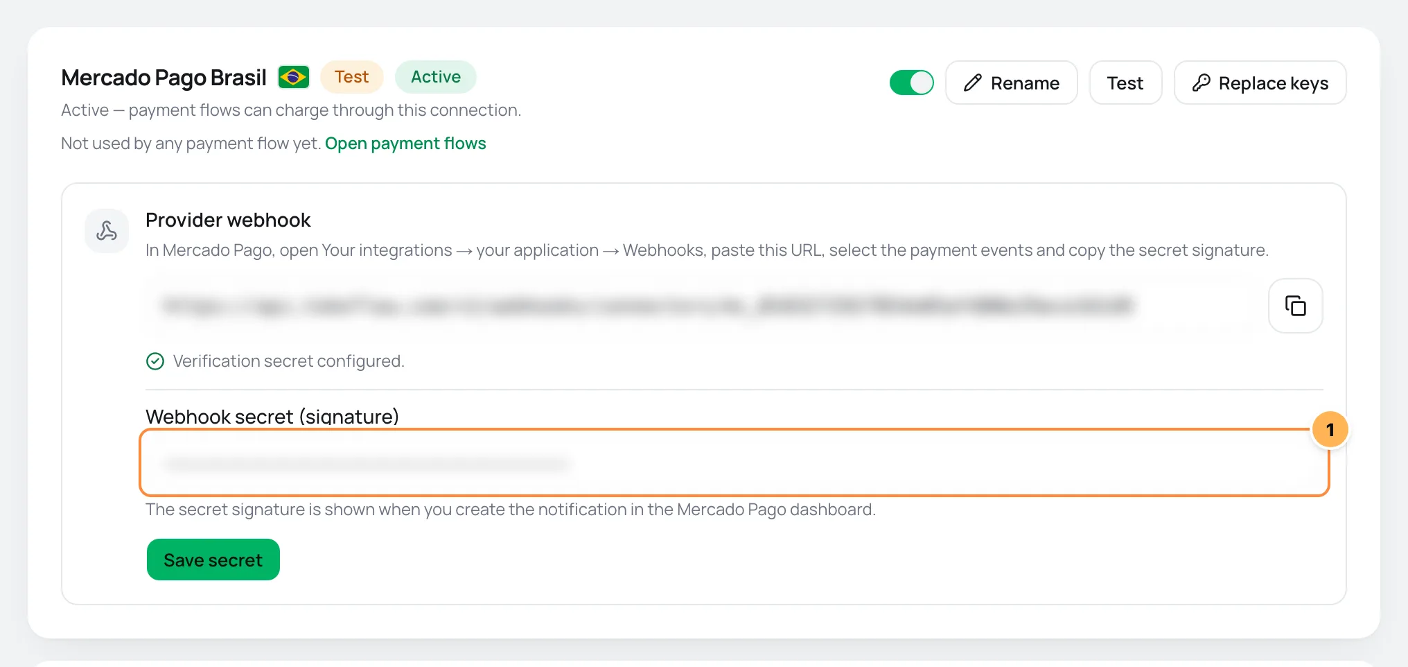 Mercado Pago connection card in Vipter with the webhook URL and the secret signature field