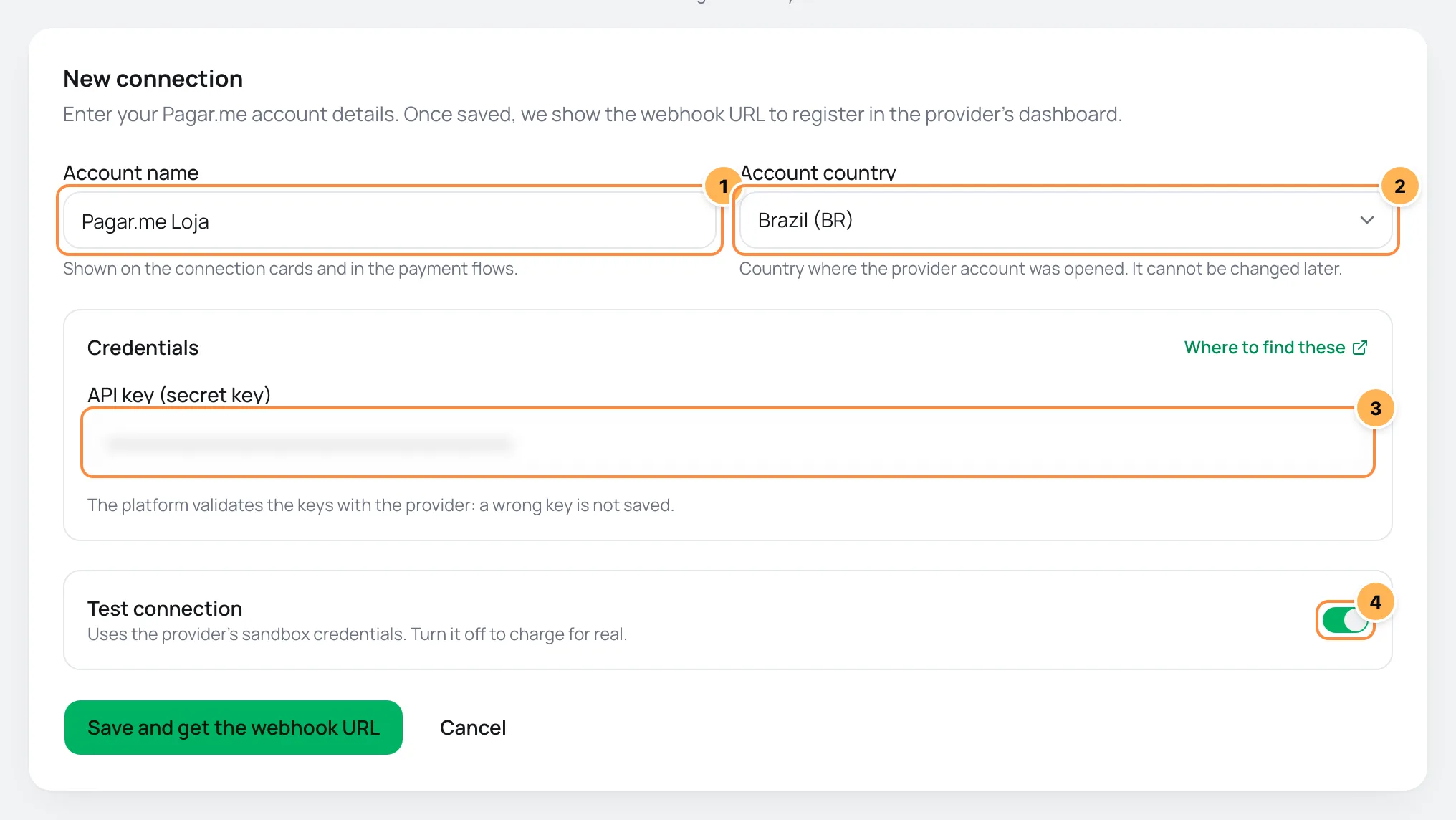 New Pagar.me connection form in Vipter with numbered fields