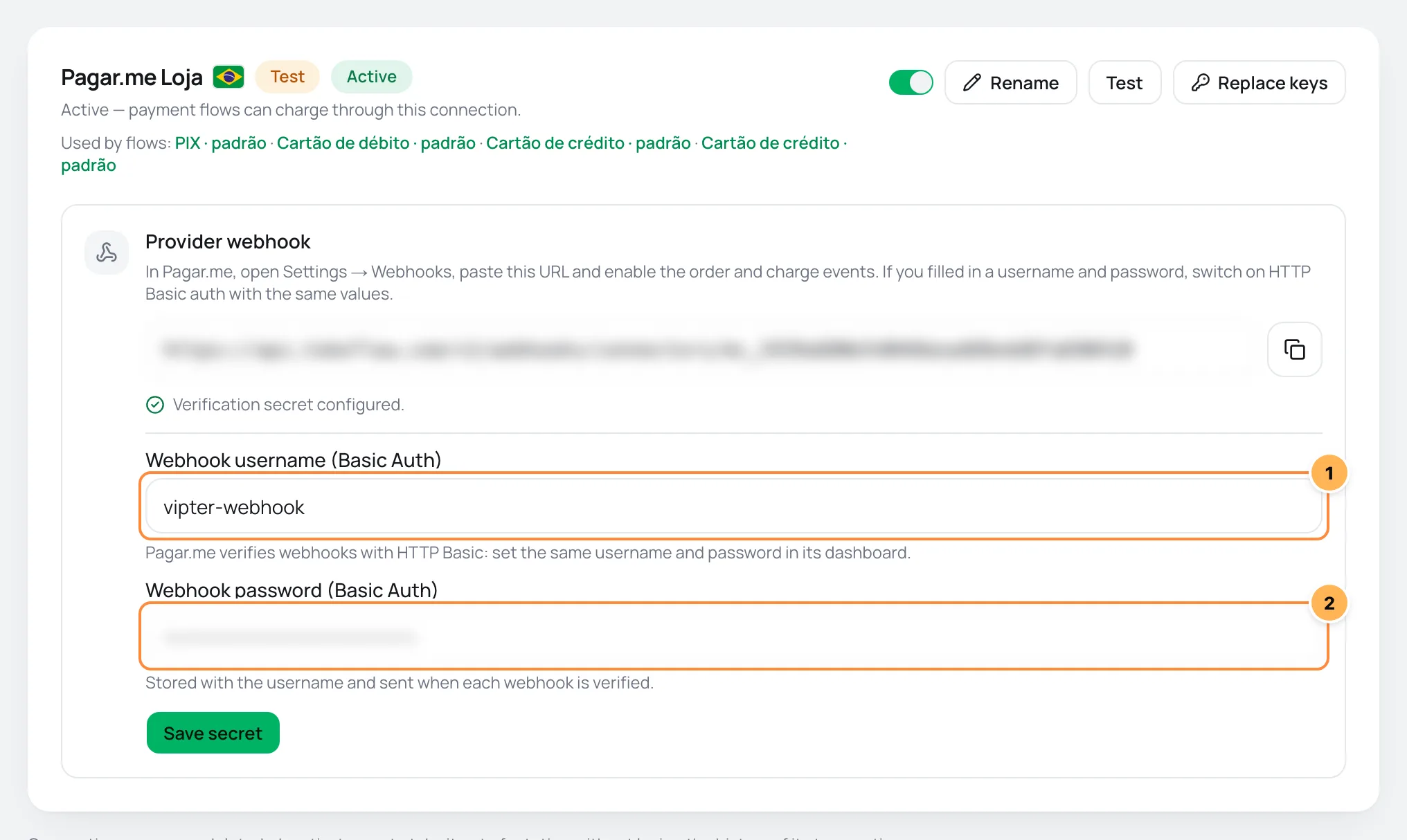 Pagar.me connection card in Vipter with the webhook URL and the numbered username and password fields
