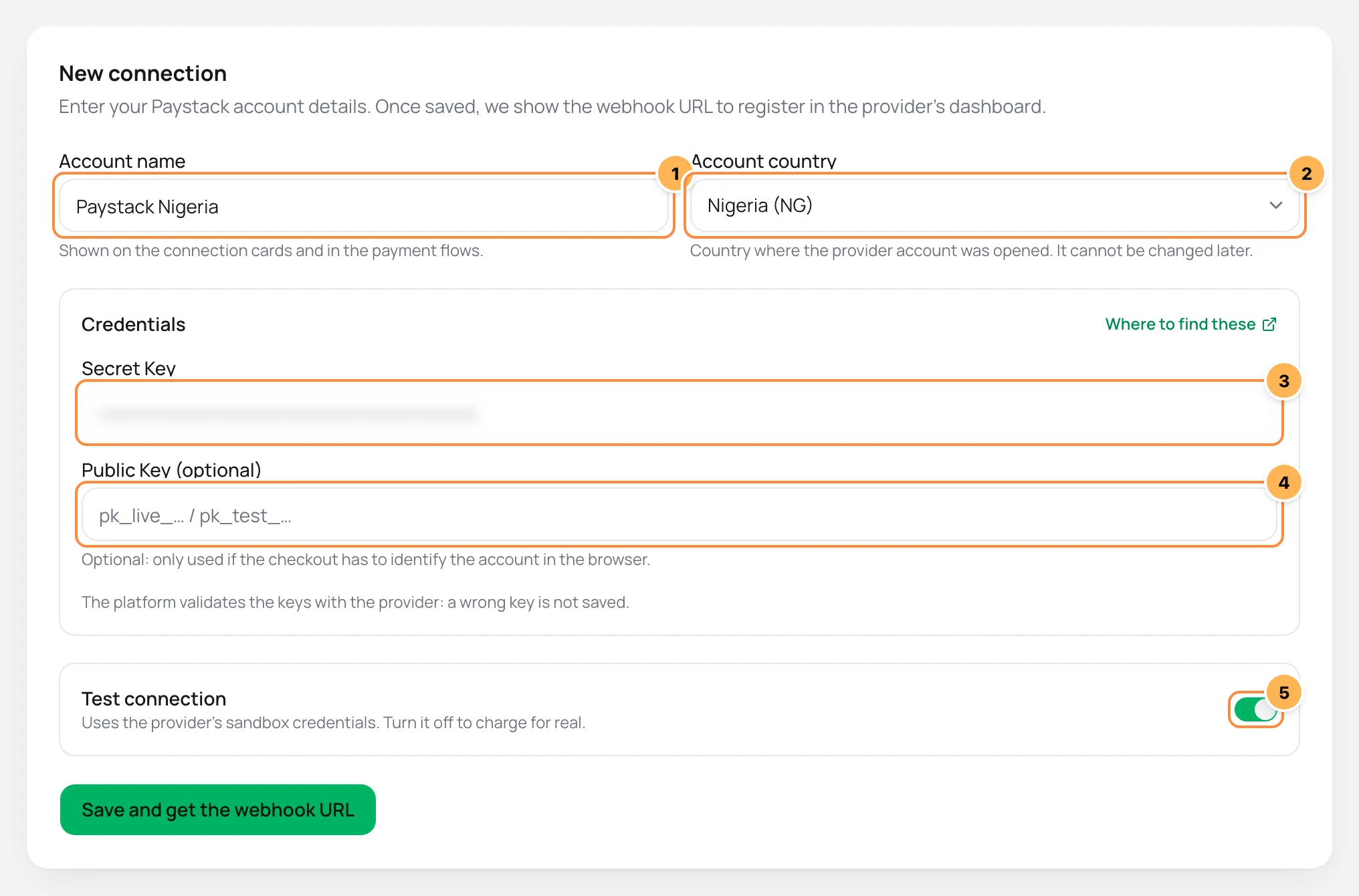 New Paystack connection form in Vipter with numbered fields