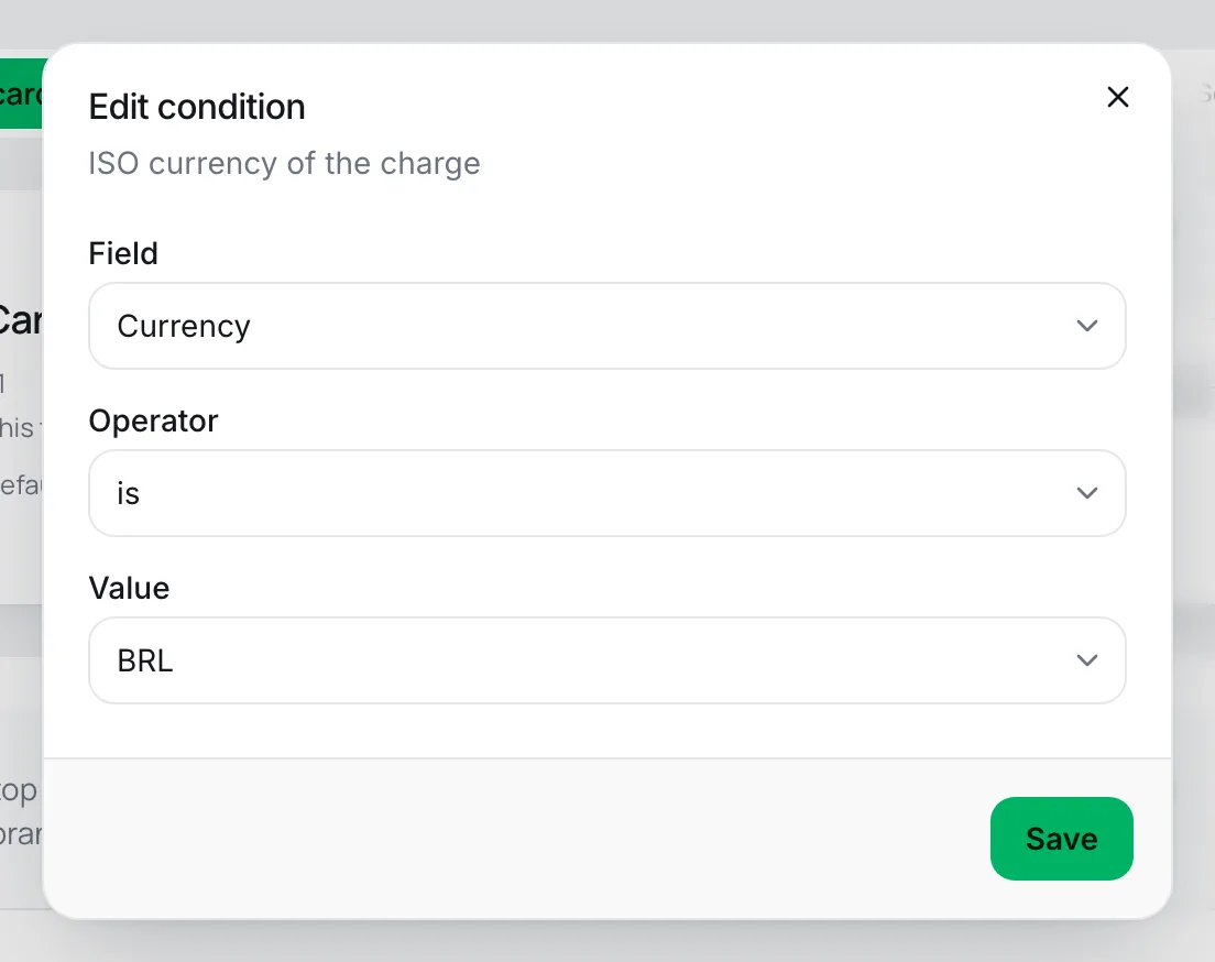 Condition window with the Field, Operator and Value fields