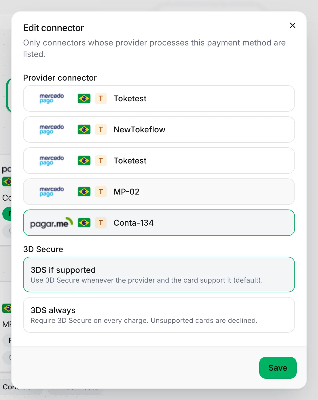 Connector window with the list of accounts and the 3D Secure options