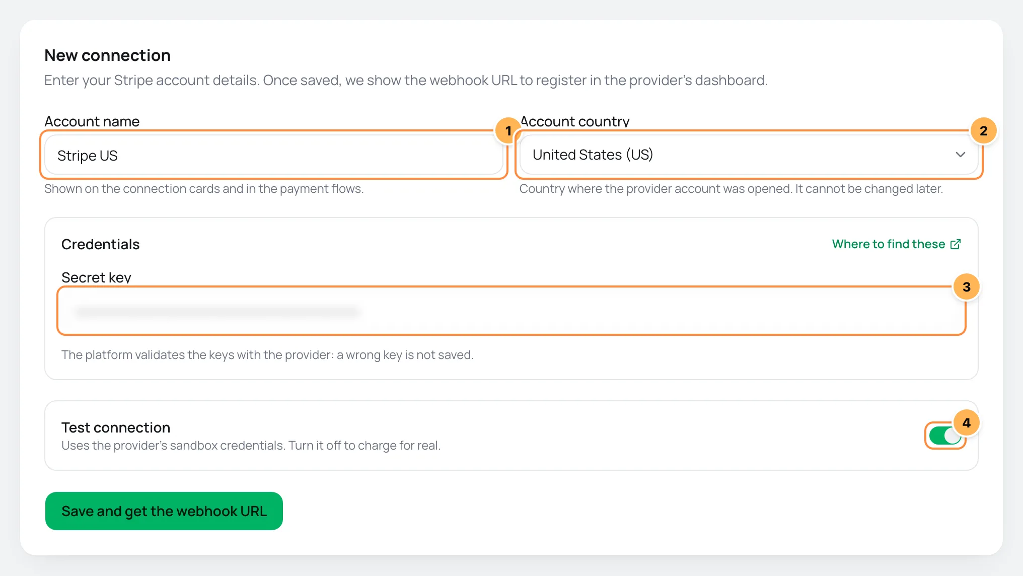 New Stripe connection form in Vipter with numbered fields