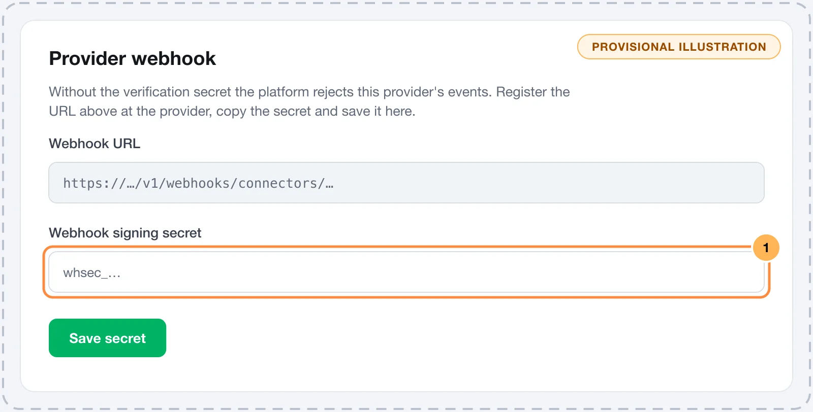 Stripe connection card in Vipter with the webhook URL and the secret field