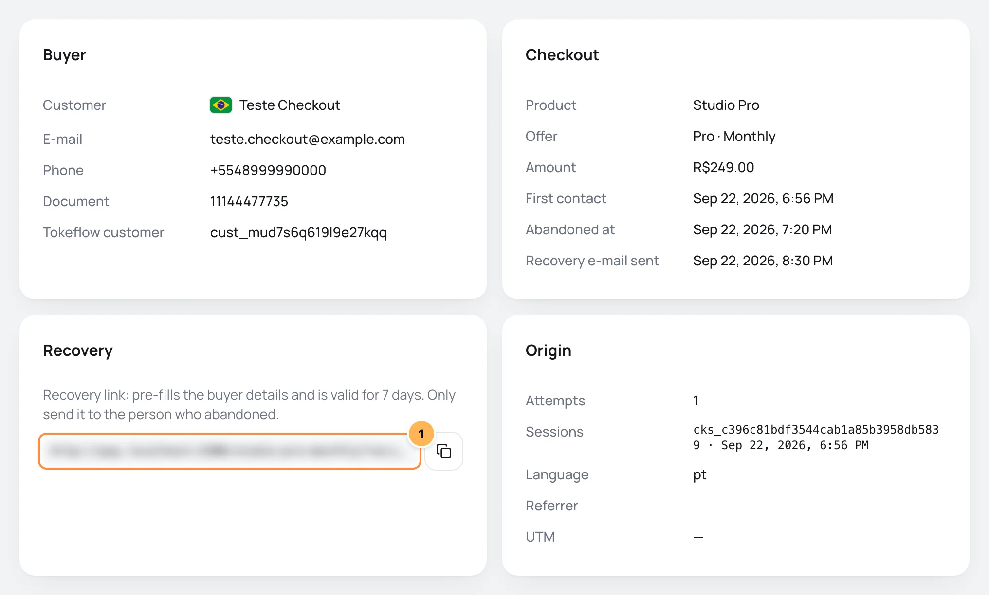 Abandoned checkout detail with the Buyer, Checkout, Recovery and Source cards