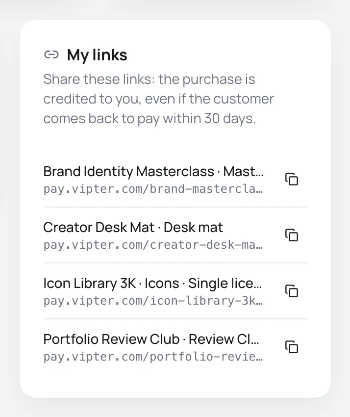 My links card with one payment link per offer and the copy button