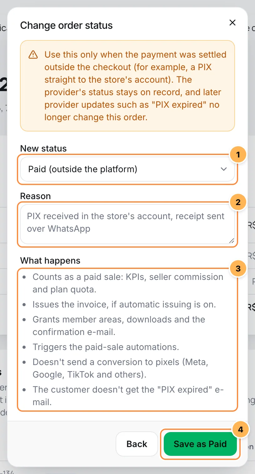 Change order status window with the new status, the reason, the list of what will happen and the save button numbered