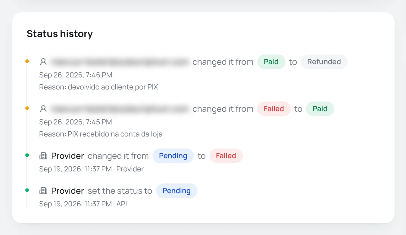 Status history with two changes made by the team, with reasons, and the provider's earlier changes