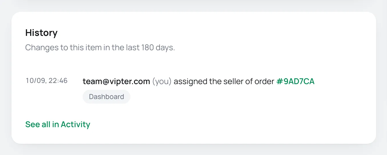 History card on an order page, with the latest change and the See all in Activity link
