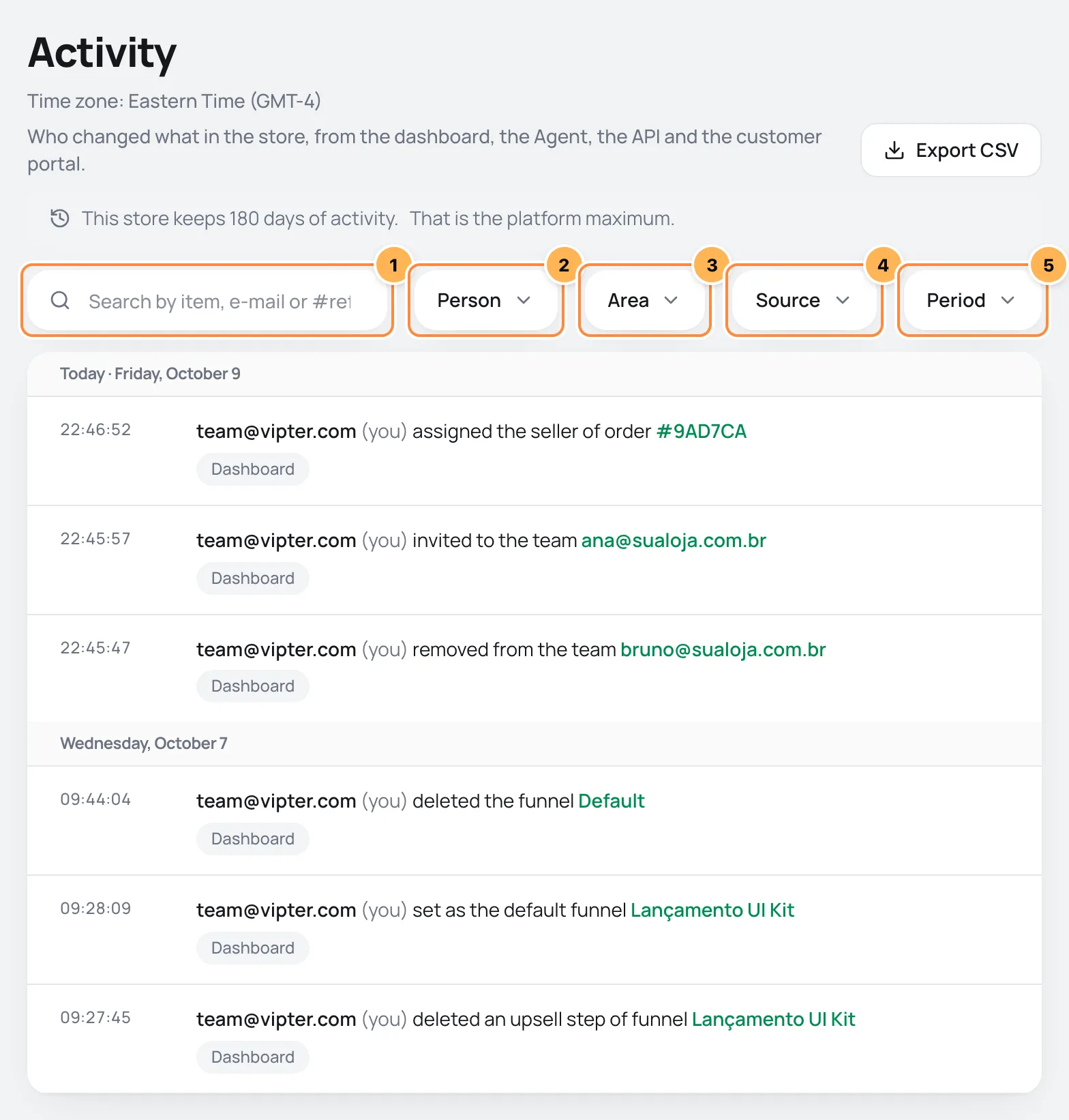 Activity page with the store's time zone, the plan's limit, the numbered search and filters and the changes grouped by day