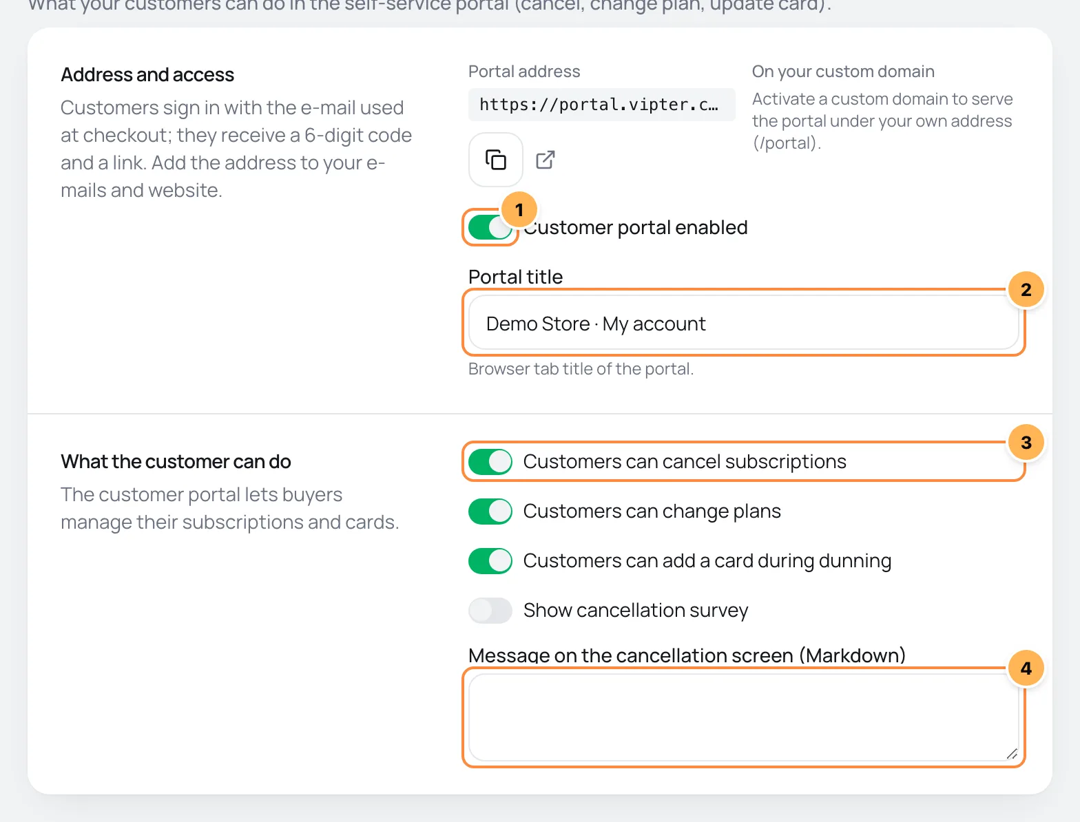 Customer portal settings with the portal switch, the title, the permissions and the cancellation message numbered