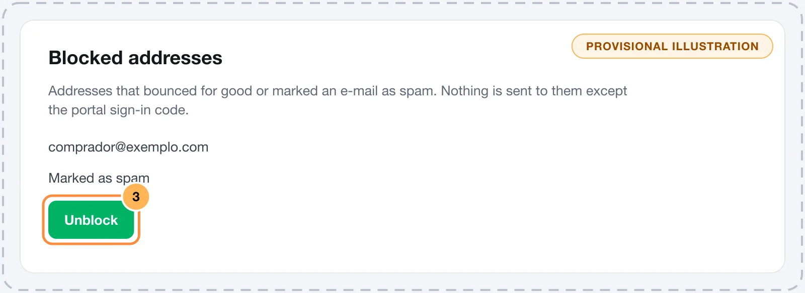 Blocked addresses card with a bounced address and the Unblock button