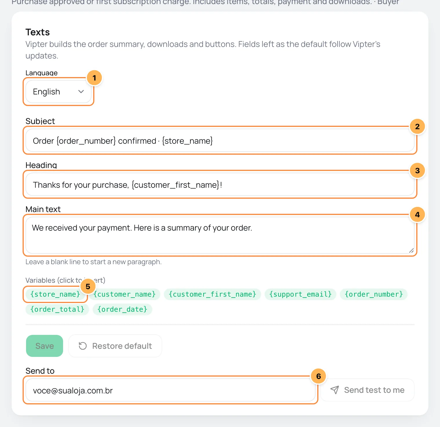 E-mail editor with language, subject, heading, main text, variables and test sending numbered