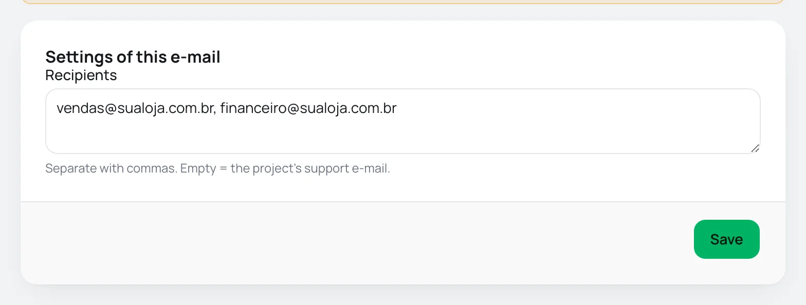 Settings card of the new sale notice e-mail with two recipients
