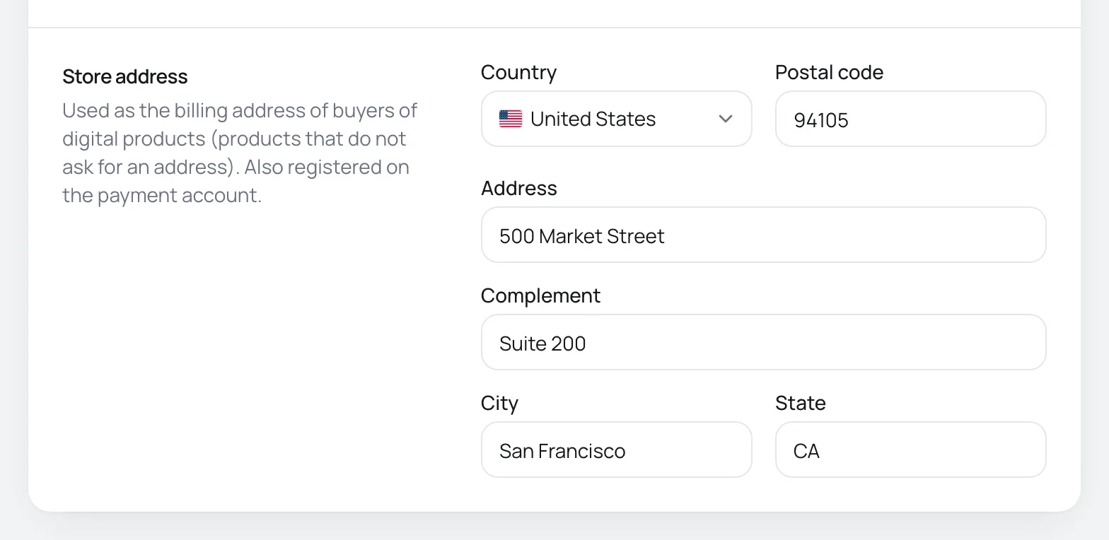 Store address card with country, postal code, address, address line 2, city and state