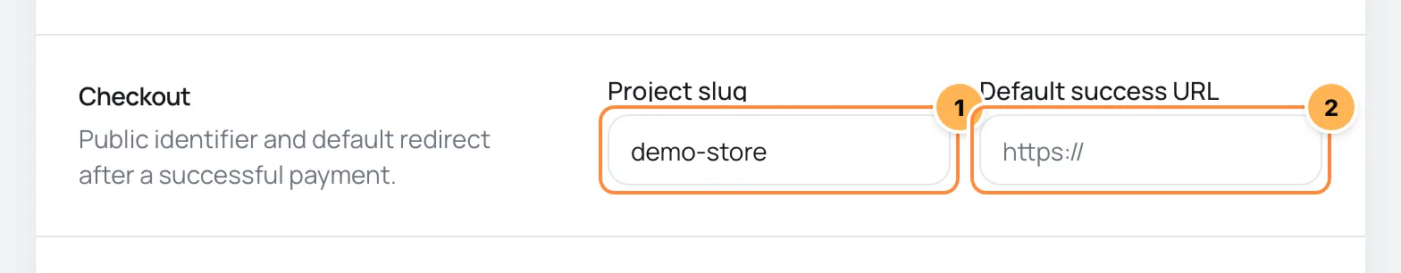 Checkout card with the project slug and the default success URL numbered