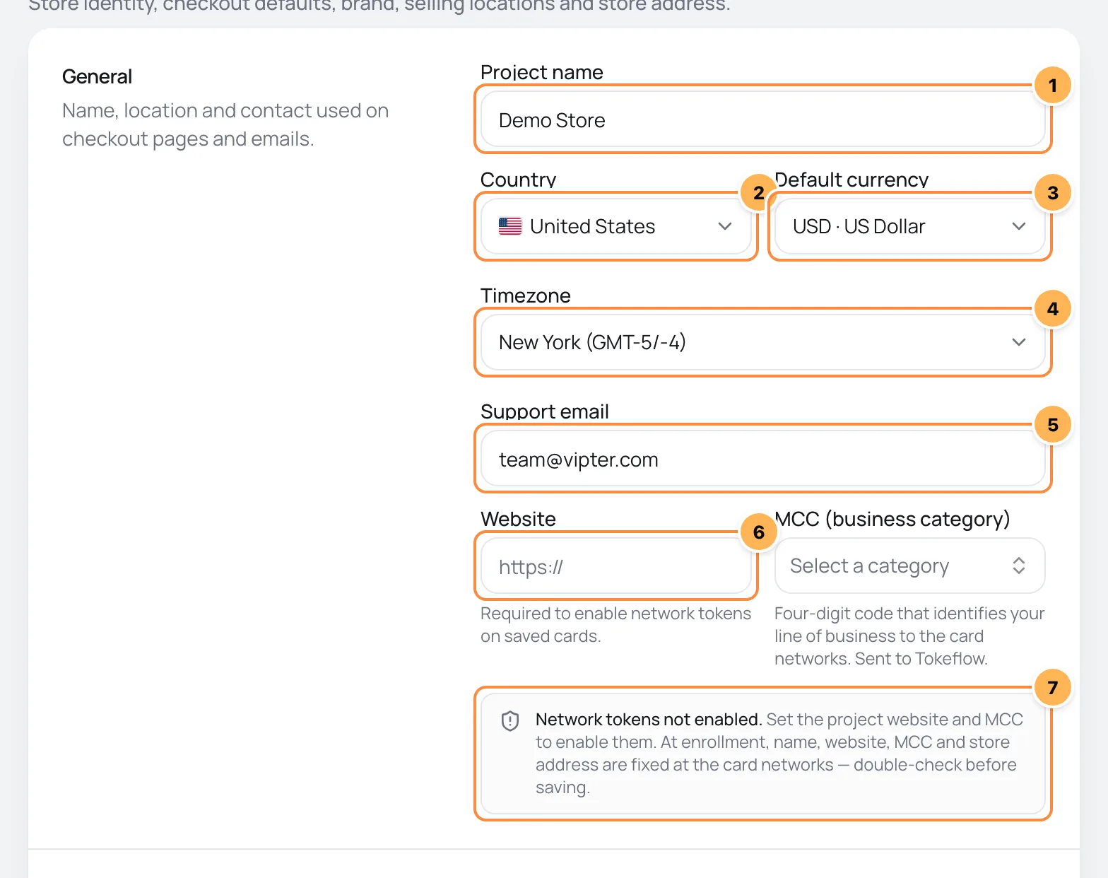 General card of the project settings with name, country, currency, time zone, support e-mail, website and the network tokens notice numbered