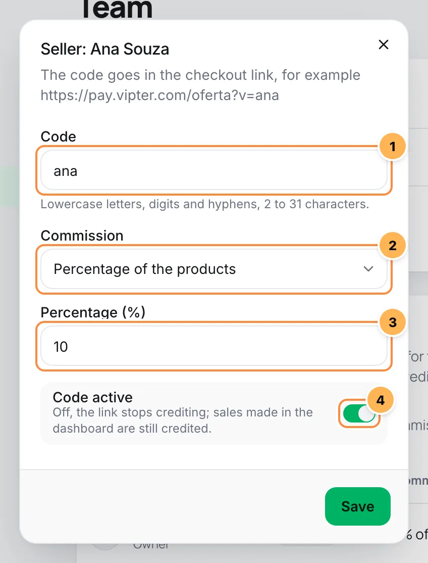 Seller window with code, commission type, percentage and active code numbered