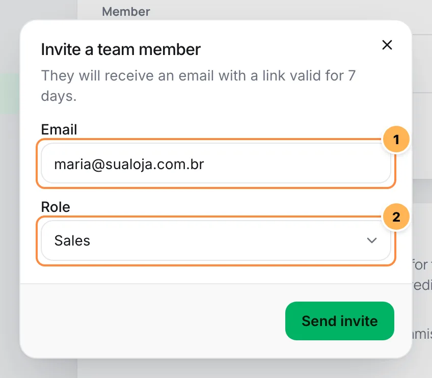 Invite team member window with the e-mail and the role numbered